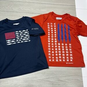 Columbia Kids' Blue and Red Graphic Tees. Navy is PFG. Both are silky dri fit.